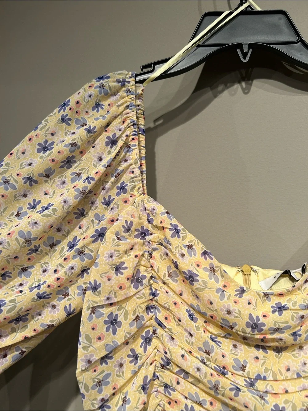 Lush Yellow Floral Ruched Puff-Sleeve Mini Dress - Picture 3 of 6